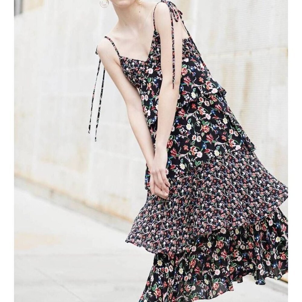 Club Monaco Black Floral Dress Suukyi Tiered Romantic Fairy Boho Festival 12